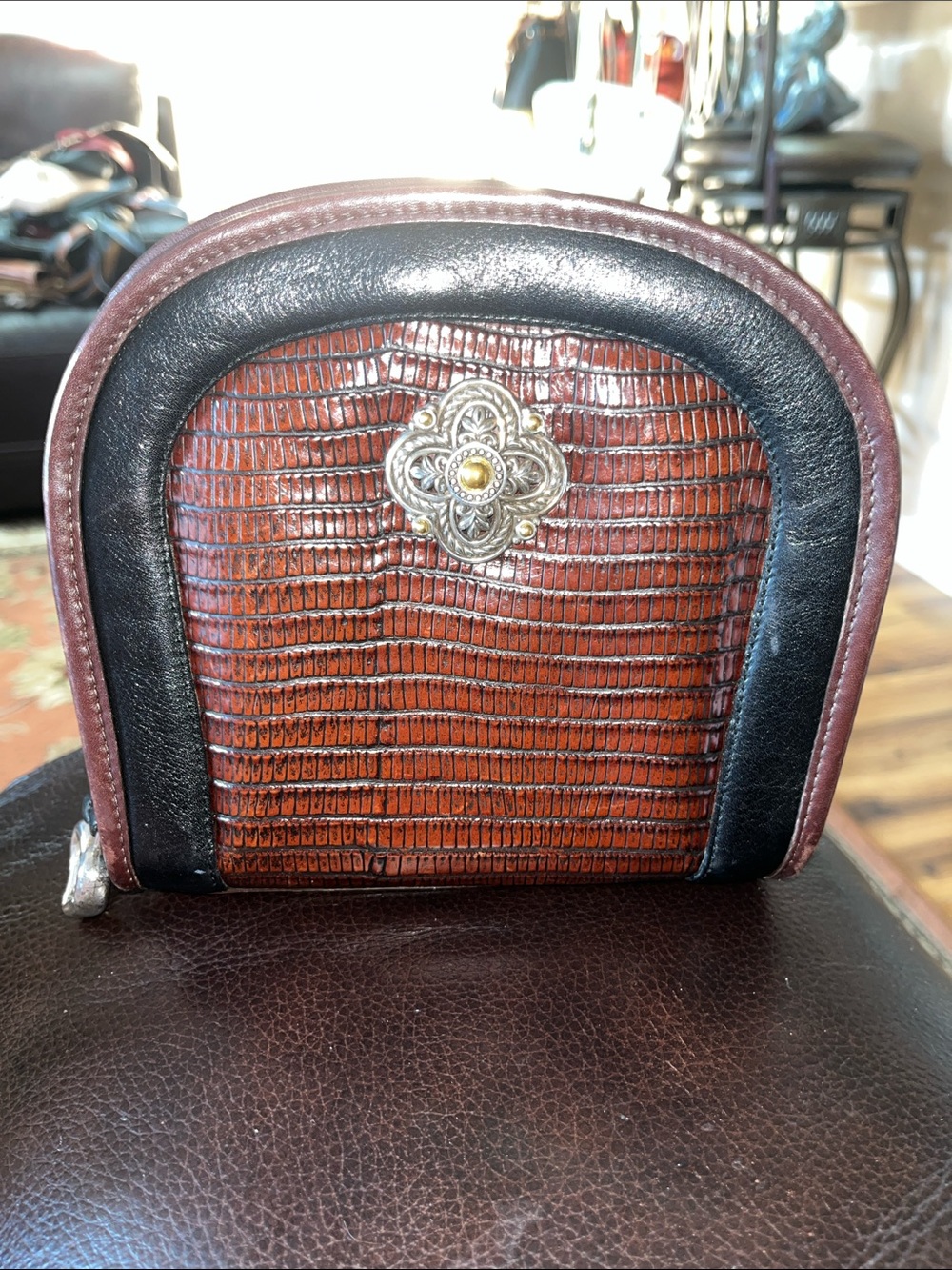 Brown and Black Textured Crossbody Bag with Decorative Medallion